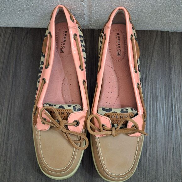 Sperry Moc Style Casual Loafers Womens Tan & Pink Leather Leopard Print Shoes 9M - Picture 1 of 6